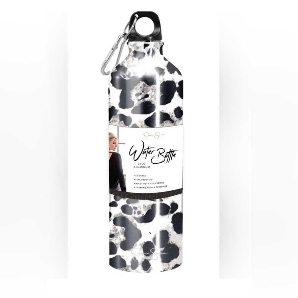 Jessica Simpson Black & White Cow Print Aluminum Water Bottle